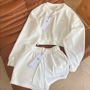 ALO Yoga Cropped Sweatshirt & Shorts Set in Off-White